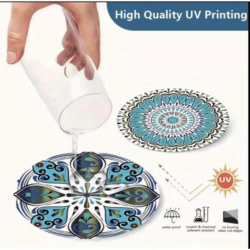 Six Piece Mandala Acrylic Teal Design Coaster Set 4 Inch New